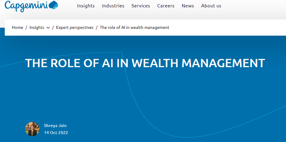 A page from Capgemini's blog section with a title The role of AI in wealth management