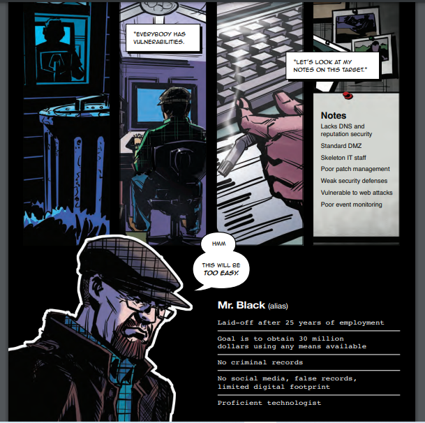 A page from the graphic novel showing information about a hacker