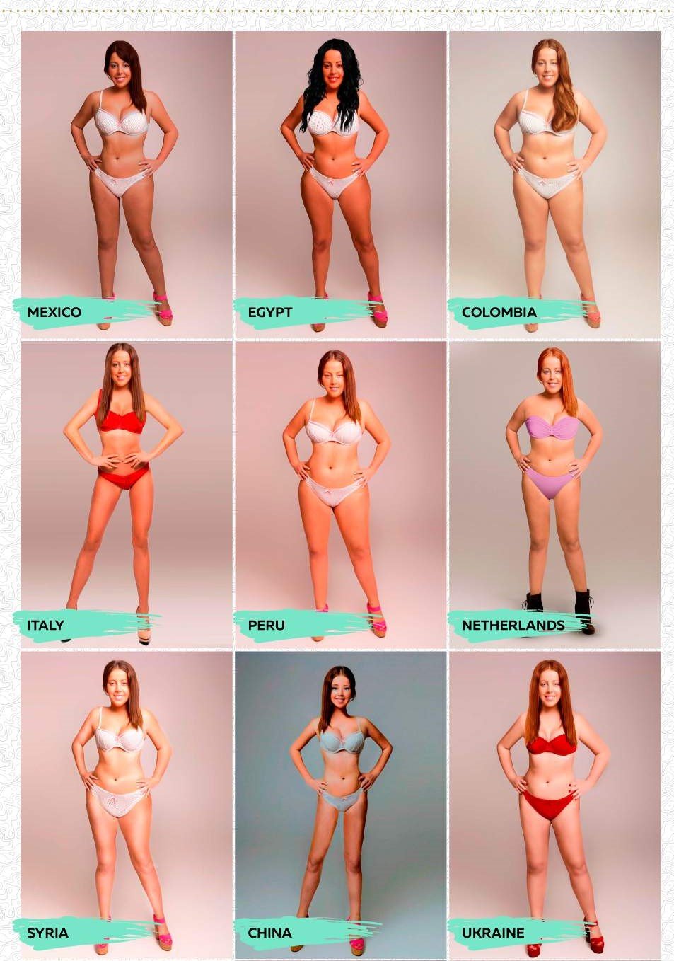 Photographs of the same woman photoshopped to suit the beauty standards of different countries